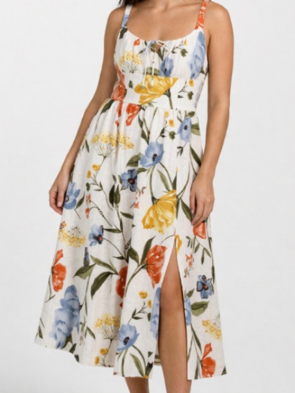Ellen Tracy Linen Blend Floral Midi Dress Sleeveless Slit NWT Size 10